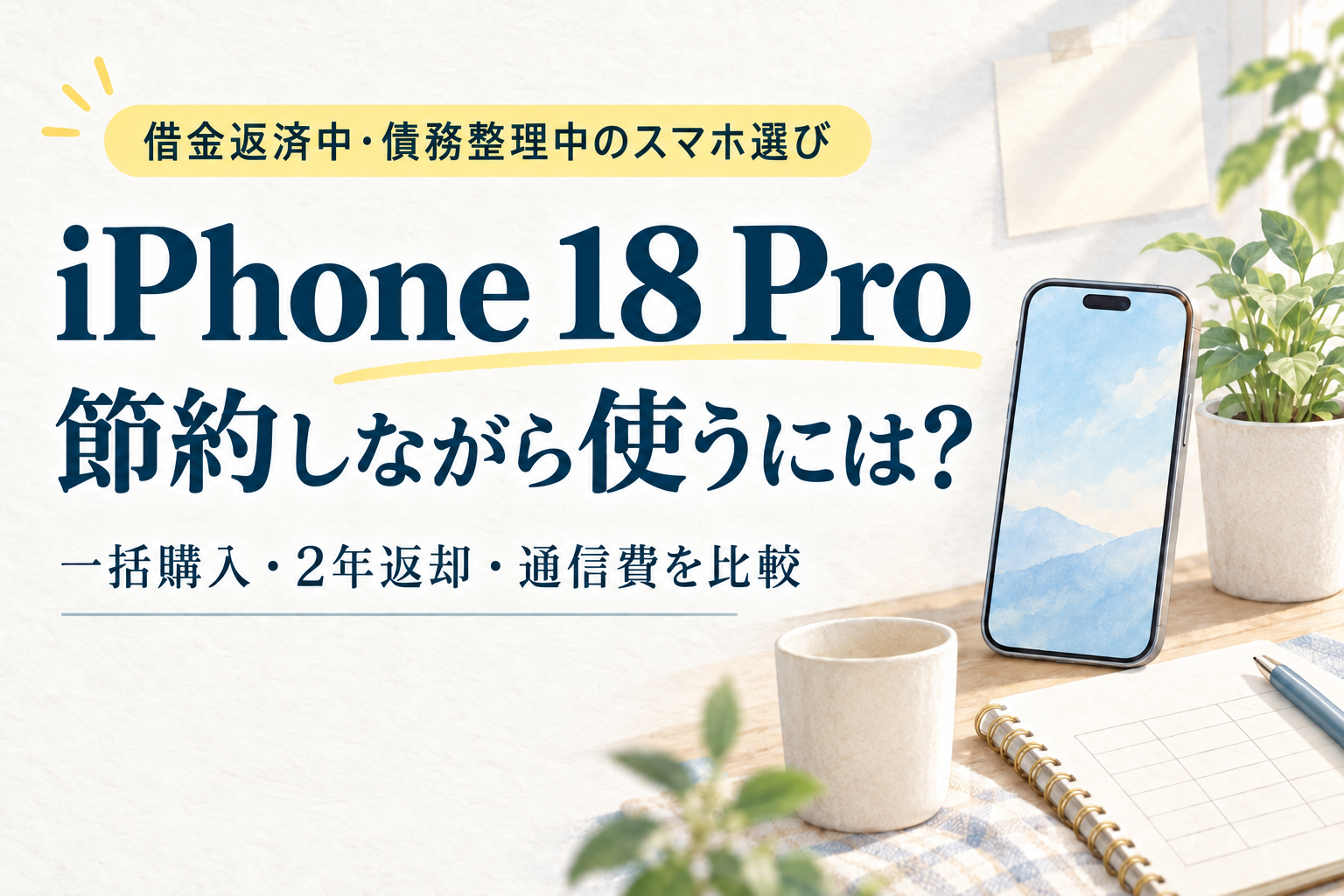 iPhone 18 Pro。借金返済中・債務整理中の、一括購入・2年返却・通信費を比較する記事。