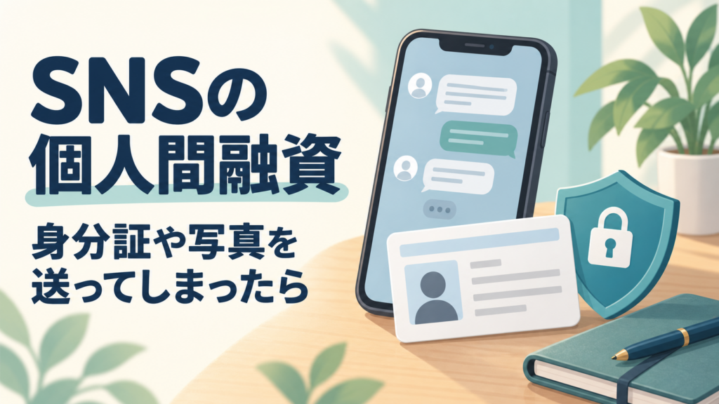 SNSの個人間融資。身分証や写真を送ってしまったら。チャット画面、個人情報を伏せた身分証のイメージと保護の盾。