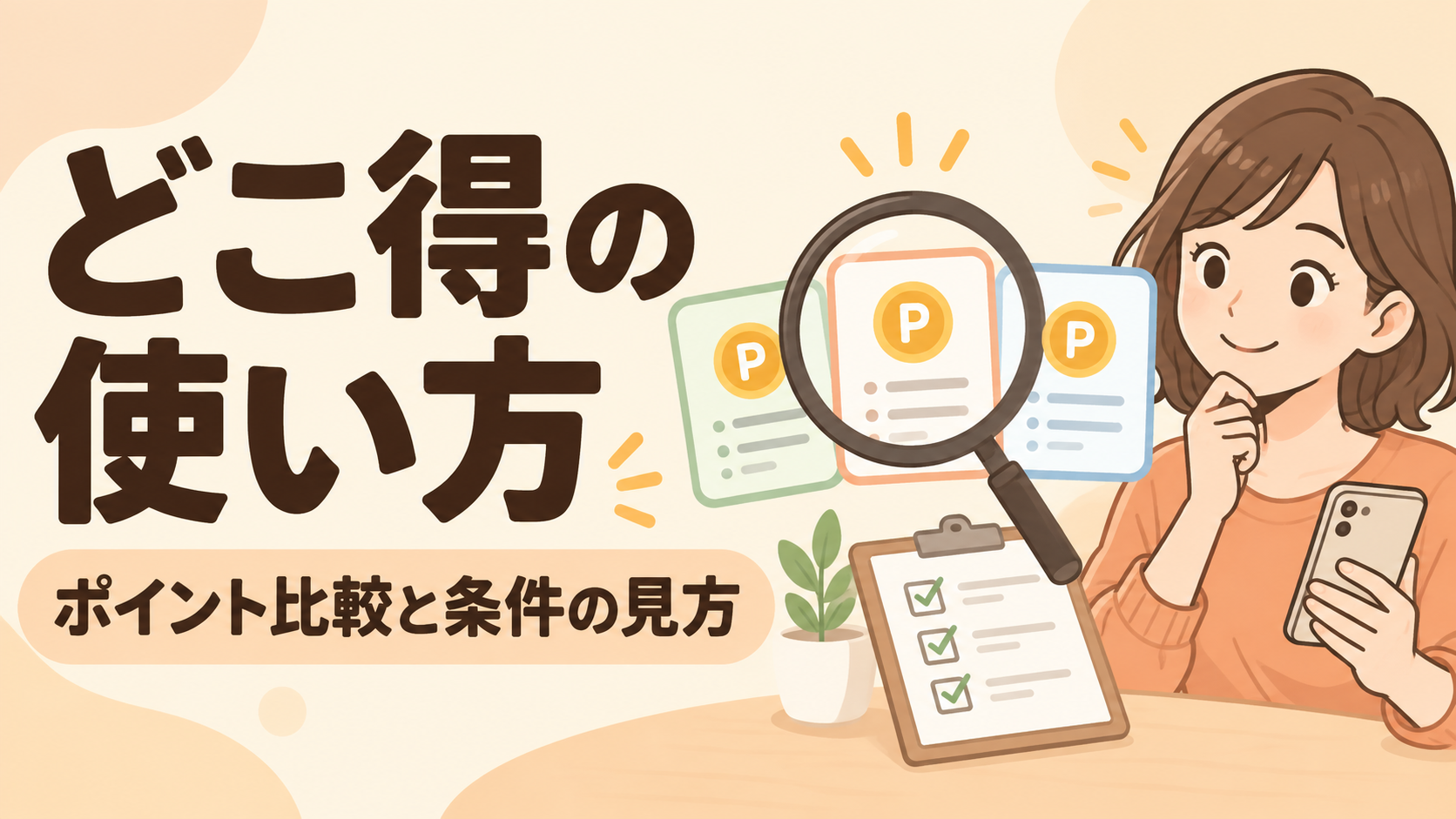 どこ得の使い方。ポイント比較と条件の見方。比較カードとチェックリストを確認するイラスト。