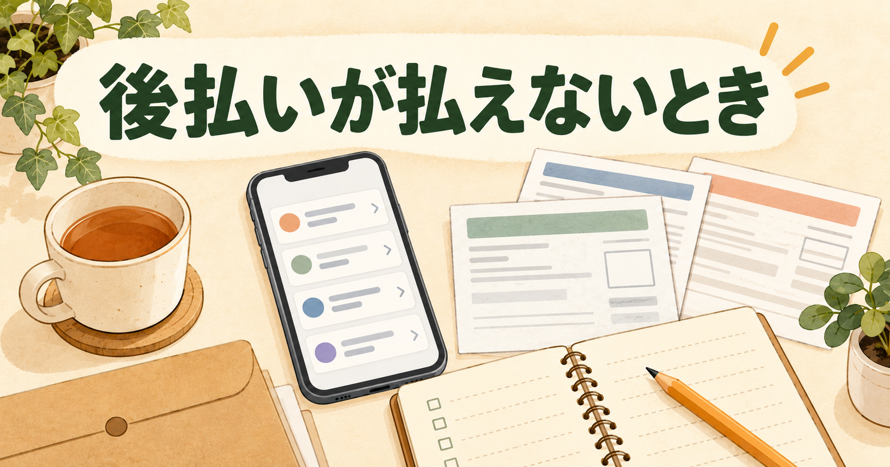 後払いの請求をスマートフォンとメモで整理するイラスト