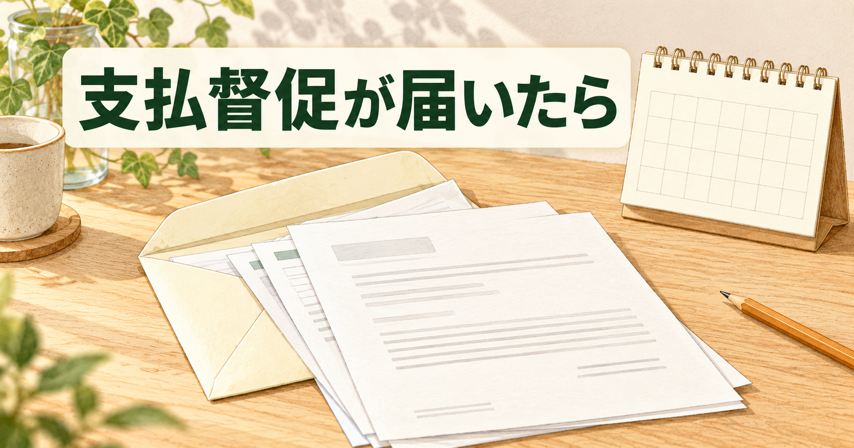 封筒から出した書類とカレンダーを机に並べたイラスト