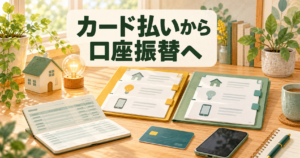 家賃・電気・携帯の請求を二つの書類に分けた机のイラスト