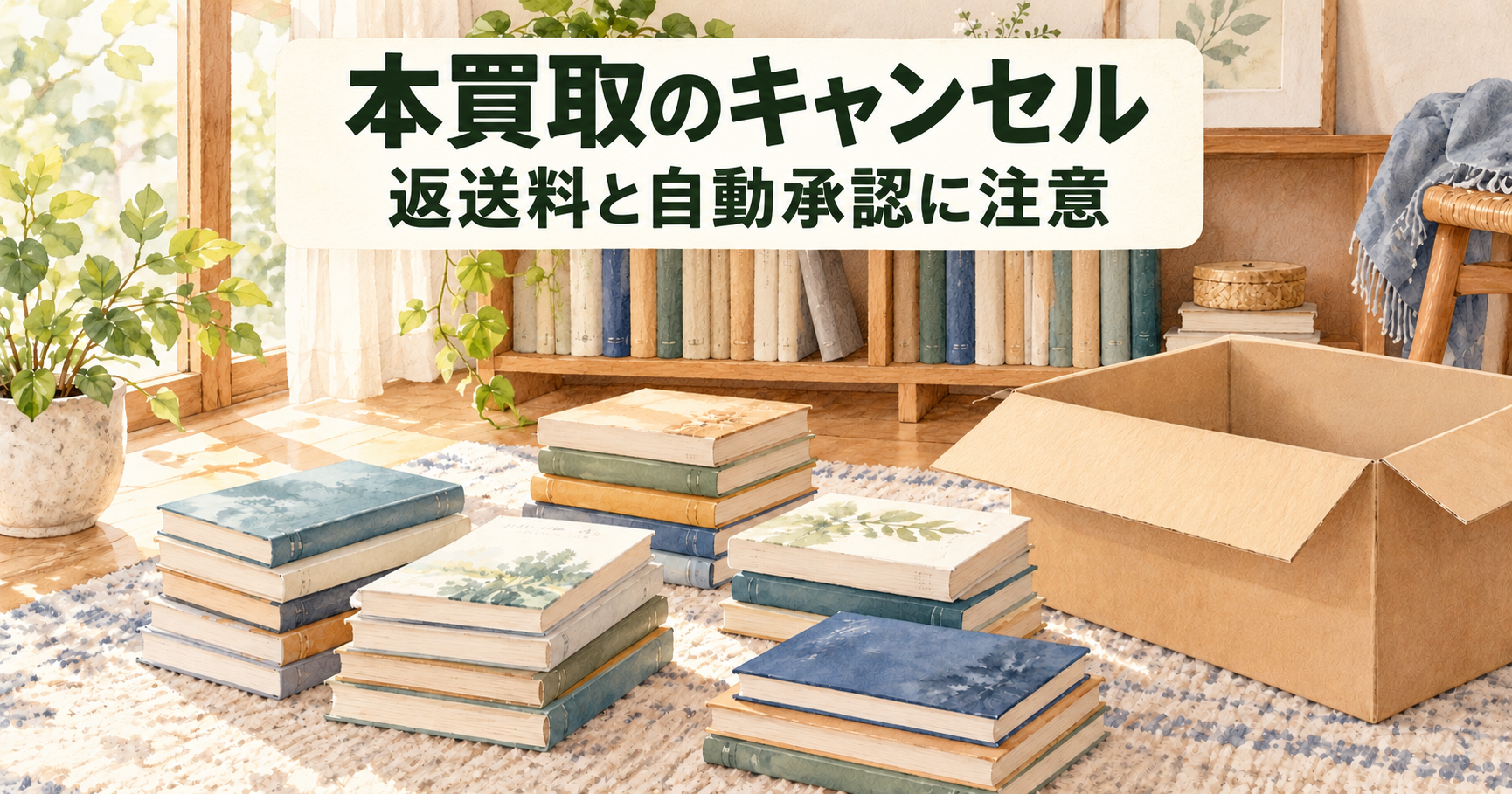 本棚の前で、残す本と手放す本を整理している様子を描いたイラスト
