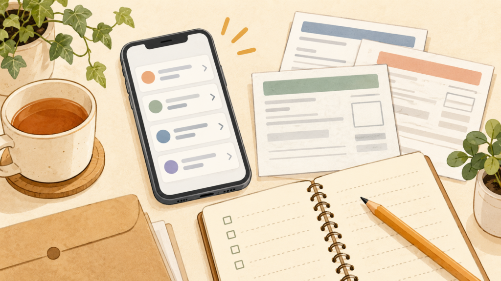 後払いの請求をスマートフォンとメモで整理するイラスト