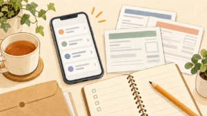 後払いの請求をスマートフォンとメモで整理するイラスト