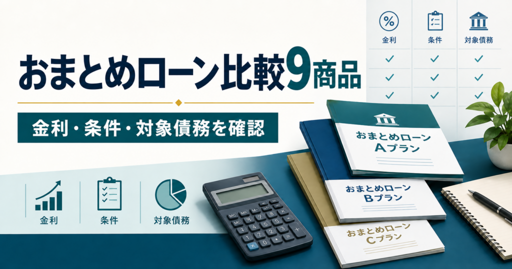 おまとめローン比較9商品。金利・条件・対象債務を確認するための表、電卓、商品資料を描いたイメージ。