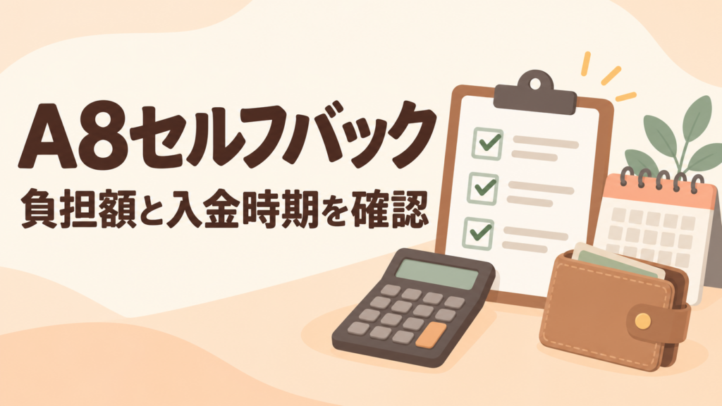A8セルフバック。負担額と入金時期を確認。チェックリスト、電卓、カレンダーと財布のイラスト。